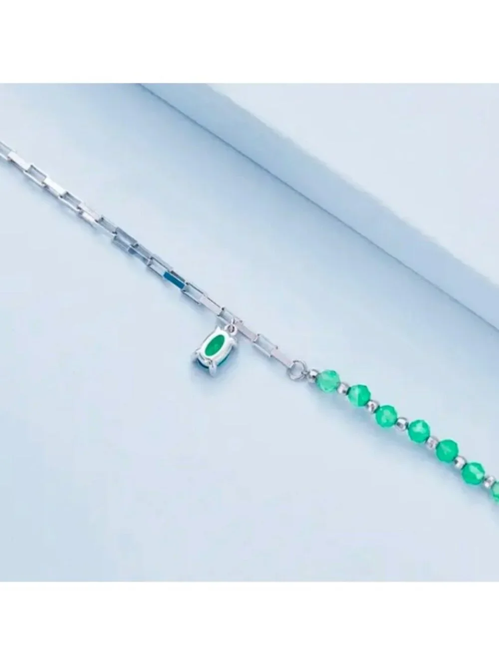 New Gem Charm Bracelet S925 Sterling Silver Green Crystal Beads Boxy Chain